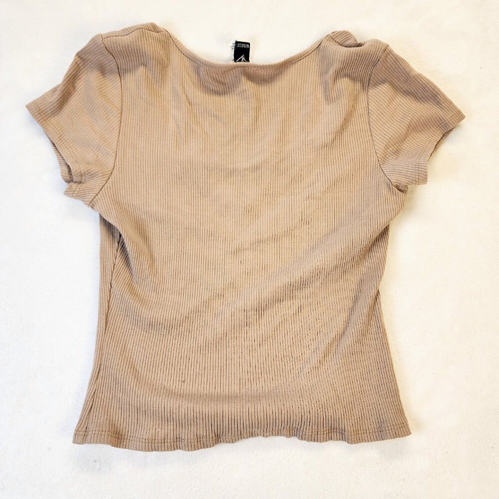 Windsor Womens XL Crop Top Tee Ribbed Stretch Cap T-Shirt Top Tan/Nude/Beige - Picture 5 of 5